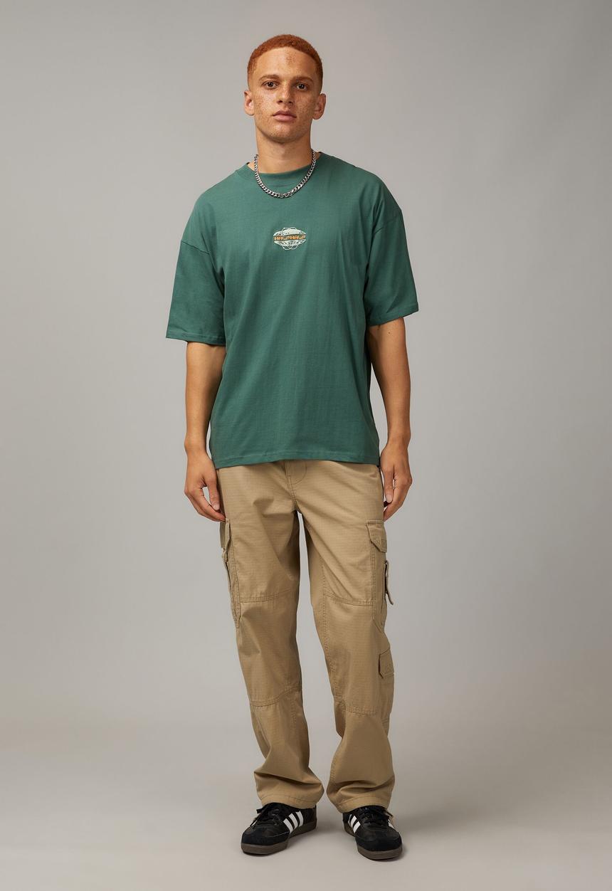Factorie - Heavy weight box graphic T-shirt - washed evergreen/half half globe
