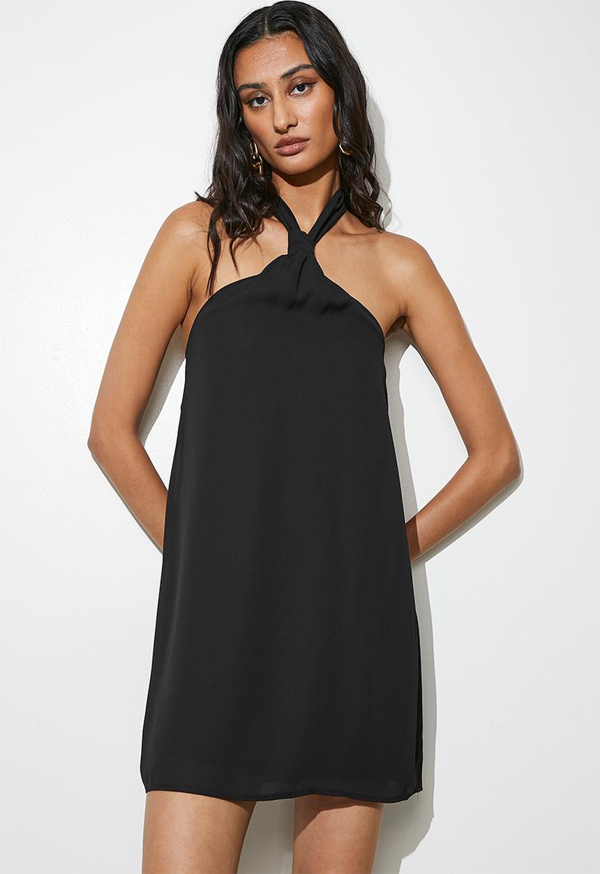 VELVET - Mini trapeze dress with tie detail - black