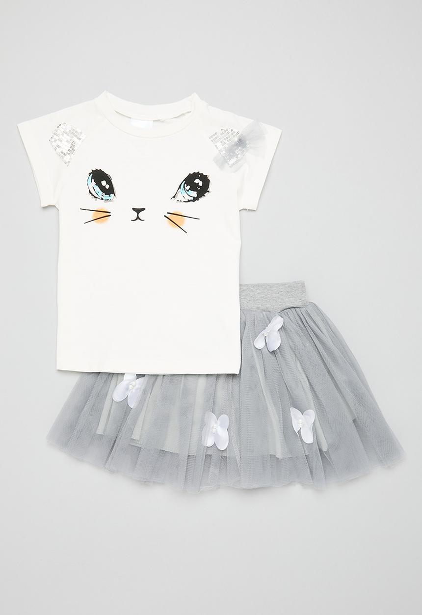Pop Candy - Tee & tulle skirt set- grey and white