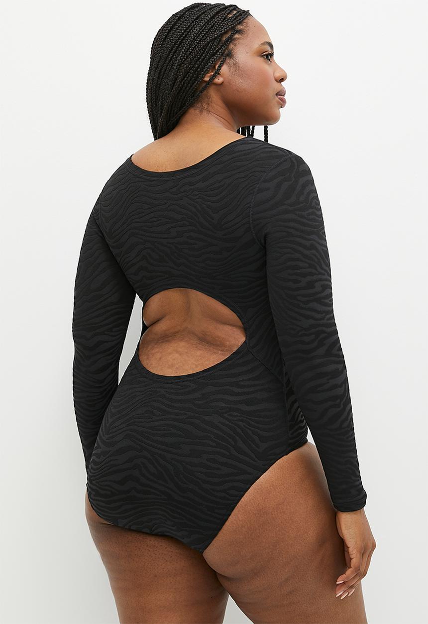 Lizzy - Plus skyelar long sleeve full body swimsuit - black zebra stripe