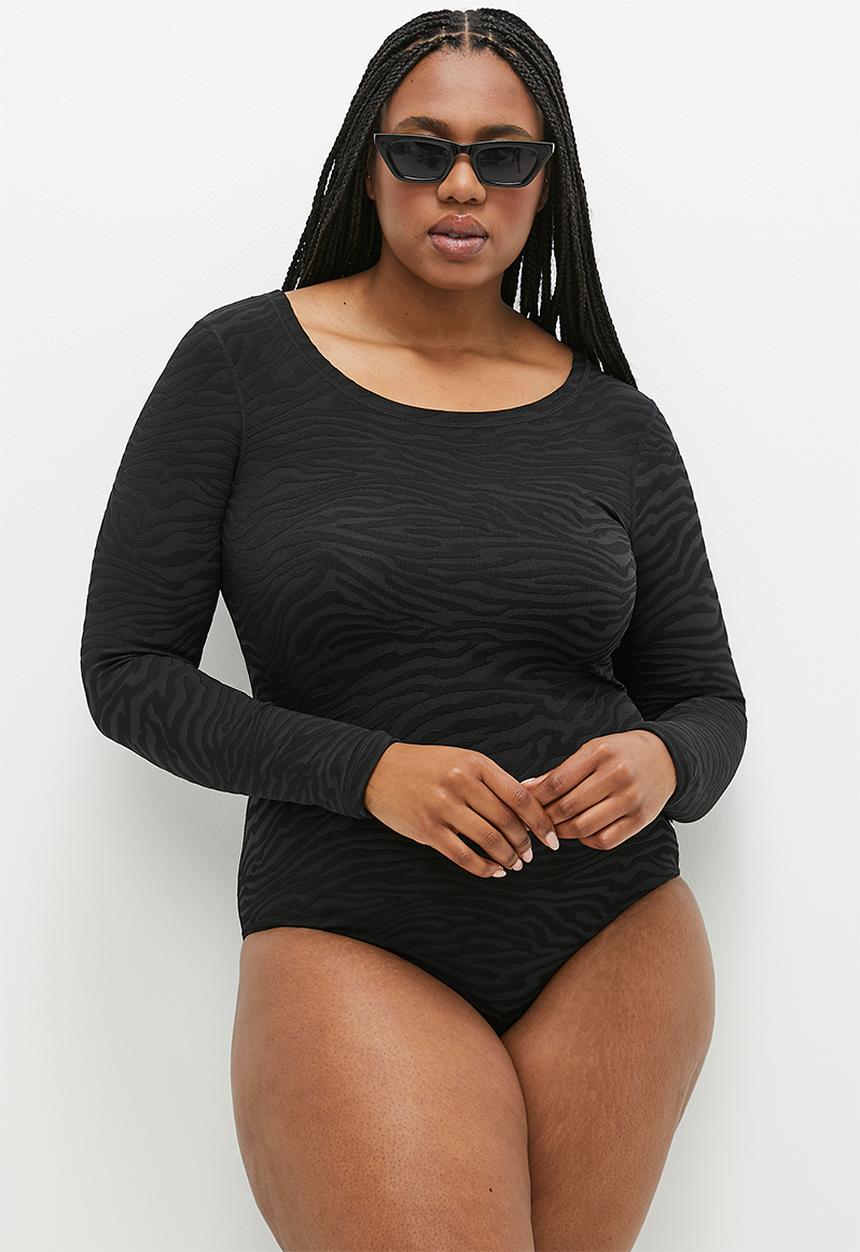 Lizzy - Plus skyelar long sleeve full body swimsuit - black zebra stripe