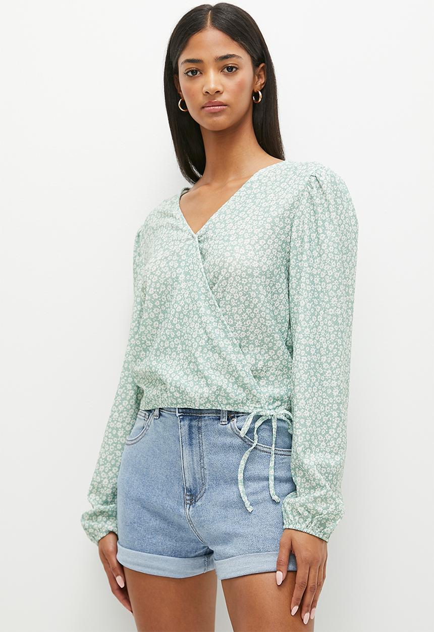 HAILYS - V-neck long sleeve blouse - green tea flower