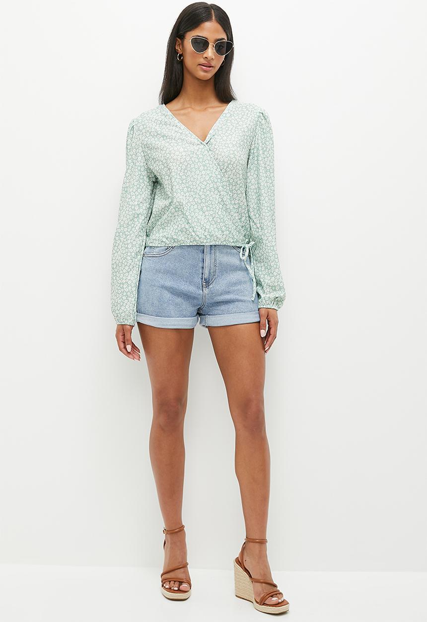 HAILYS - V-neck long sleeve blouse - green tea flower