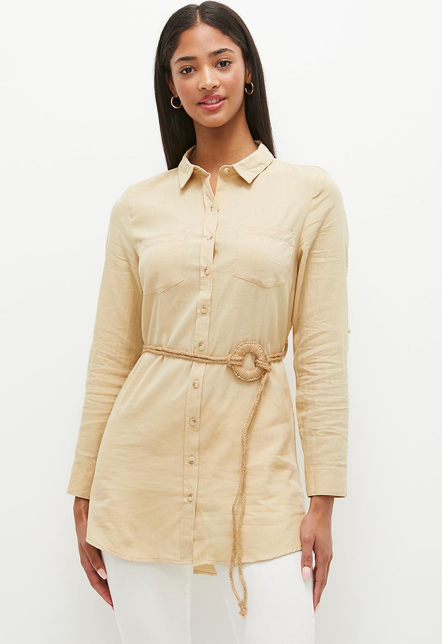 HAILYS - Collared tie waist blouse - beige