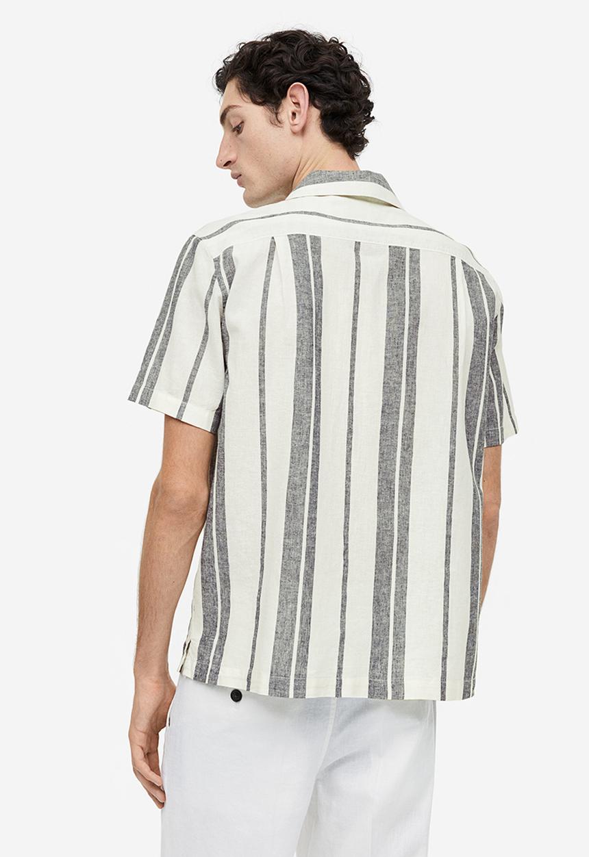 H&M - Regular fit linen blend shirt - white & black striped 
