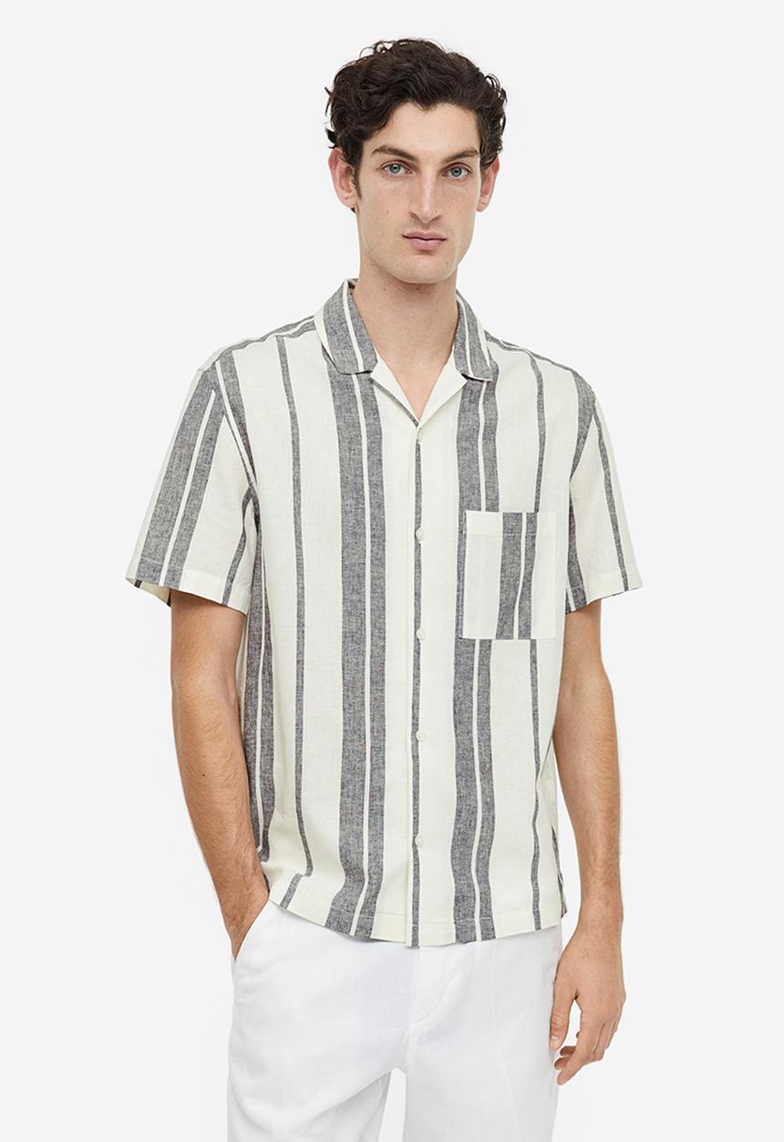H&M - Regular fit linen blend shirt - white & black striped 