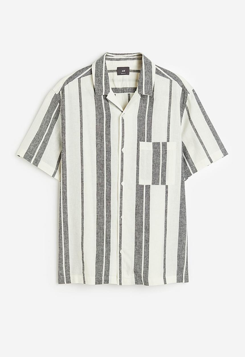 H&M - Regular fit linen blend shirt - white & black striped 