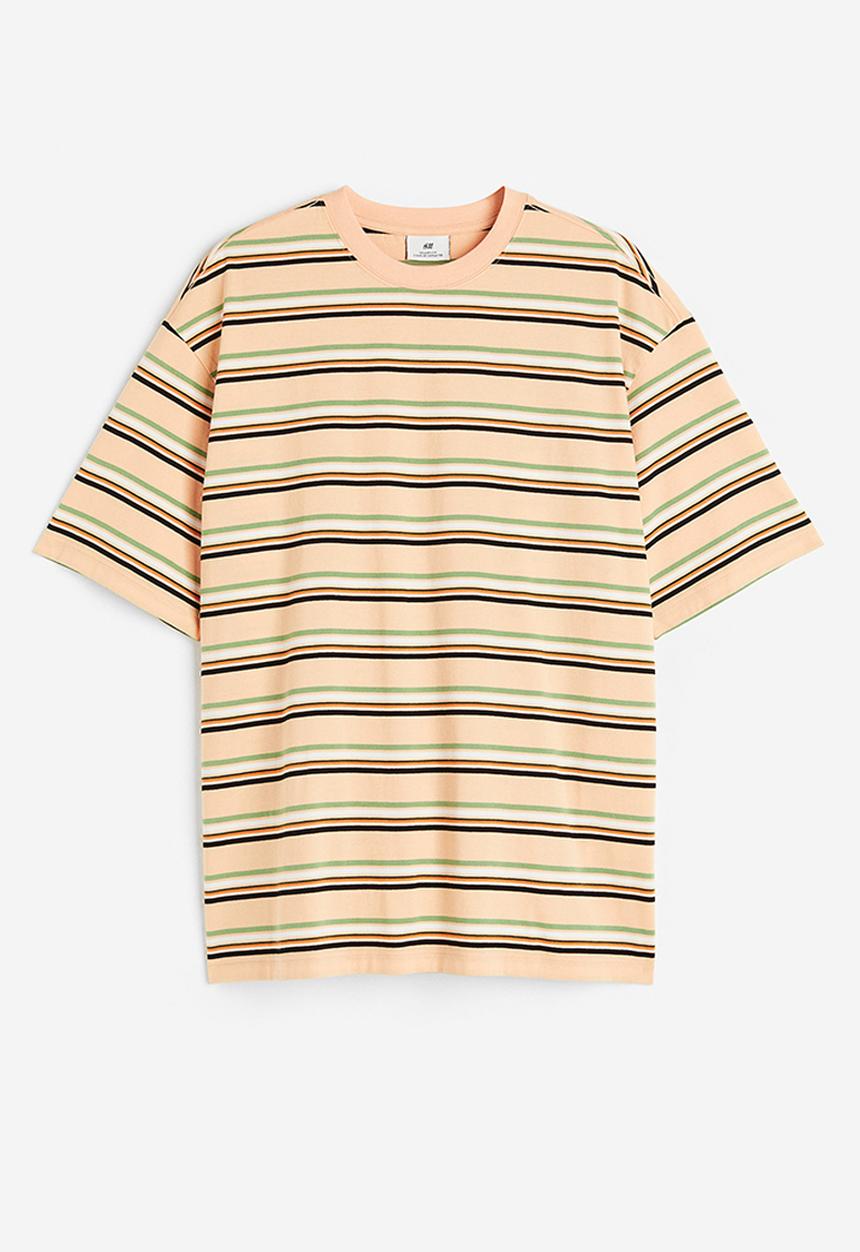H&M - Relaxed fit cotton T-shirt - light beige striped 