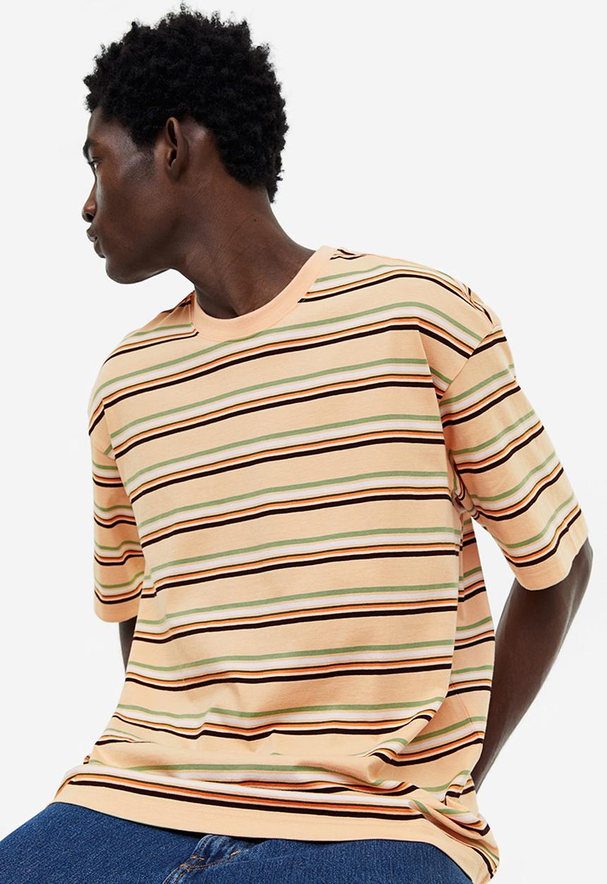 H&M - Relaxed fit cotton T-shirt - light beige striped 