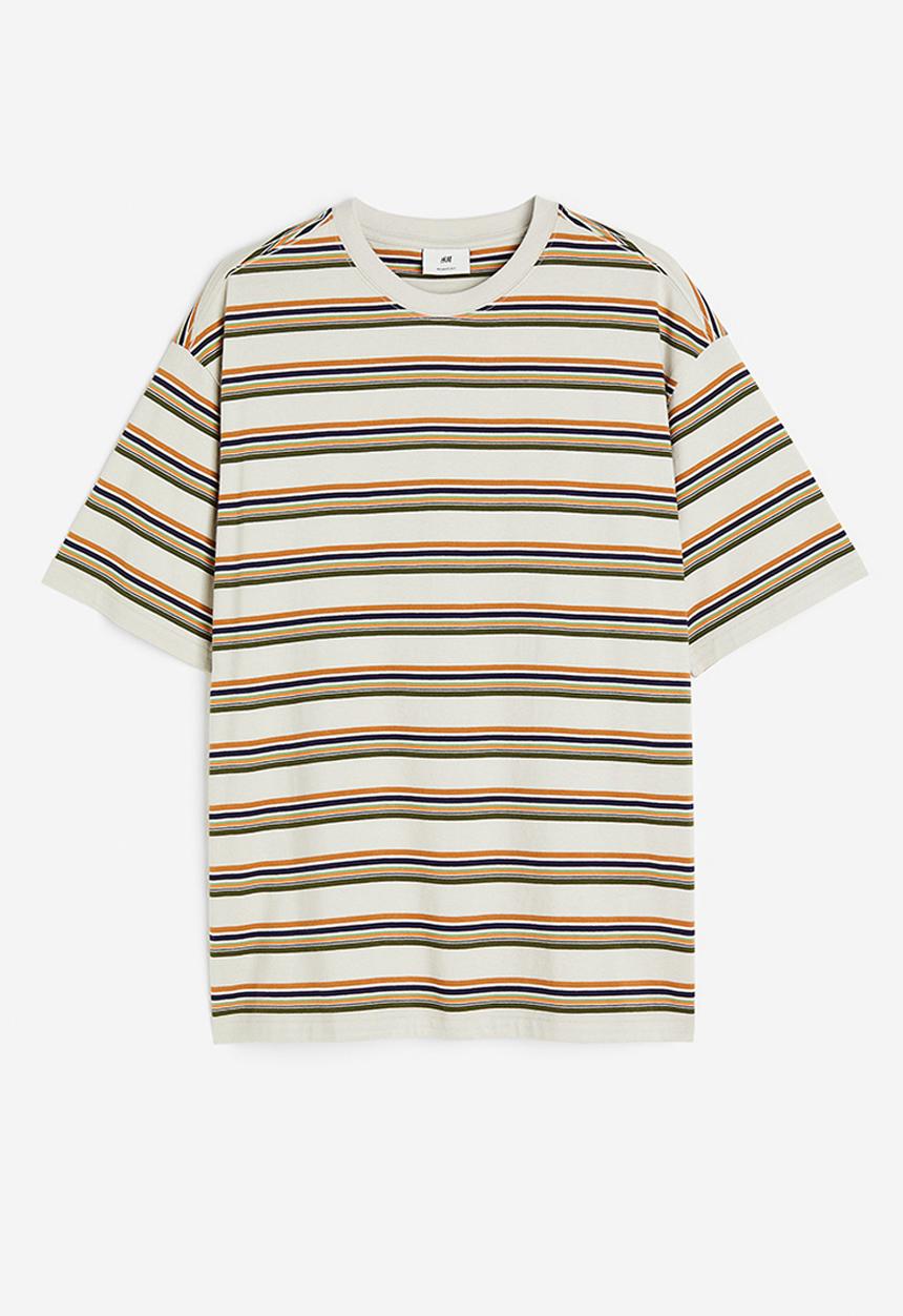 H&M - Relaxed fit cotton T-shirt - light grey & orange striped