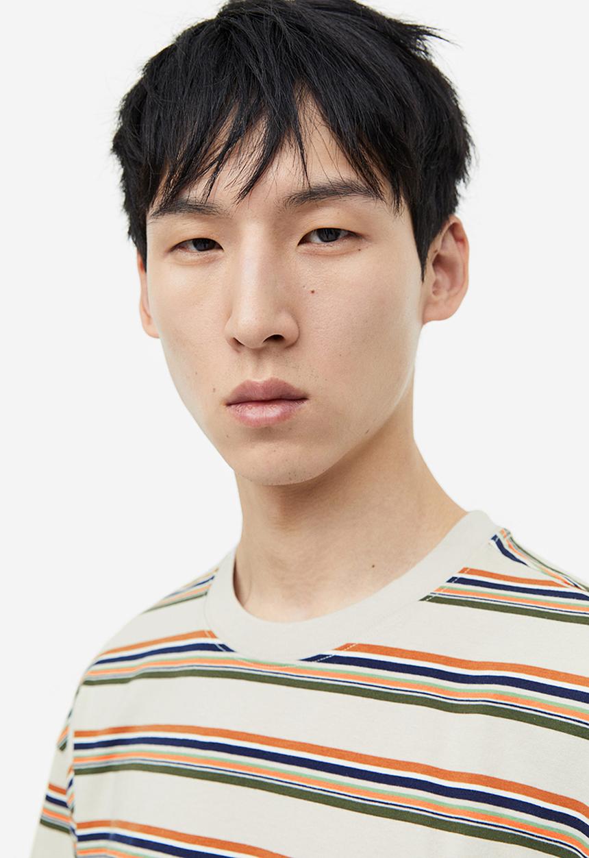 H&M - Relaxed fit cotton T-shirt - light grey & orange striped