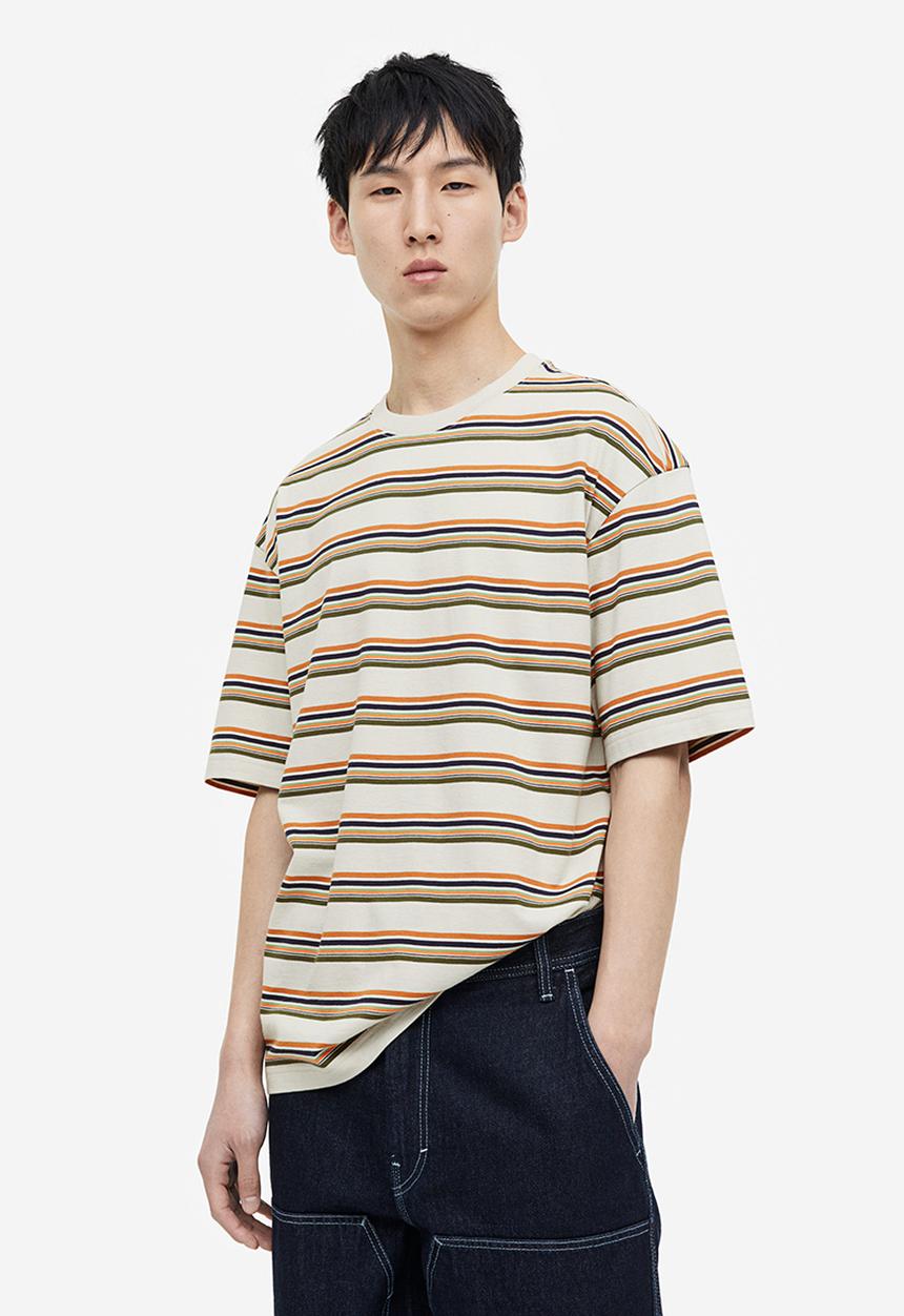 H&M - Relaxed fit cotton T-shirt - light grey & orange striped