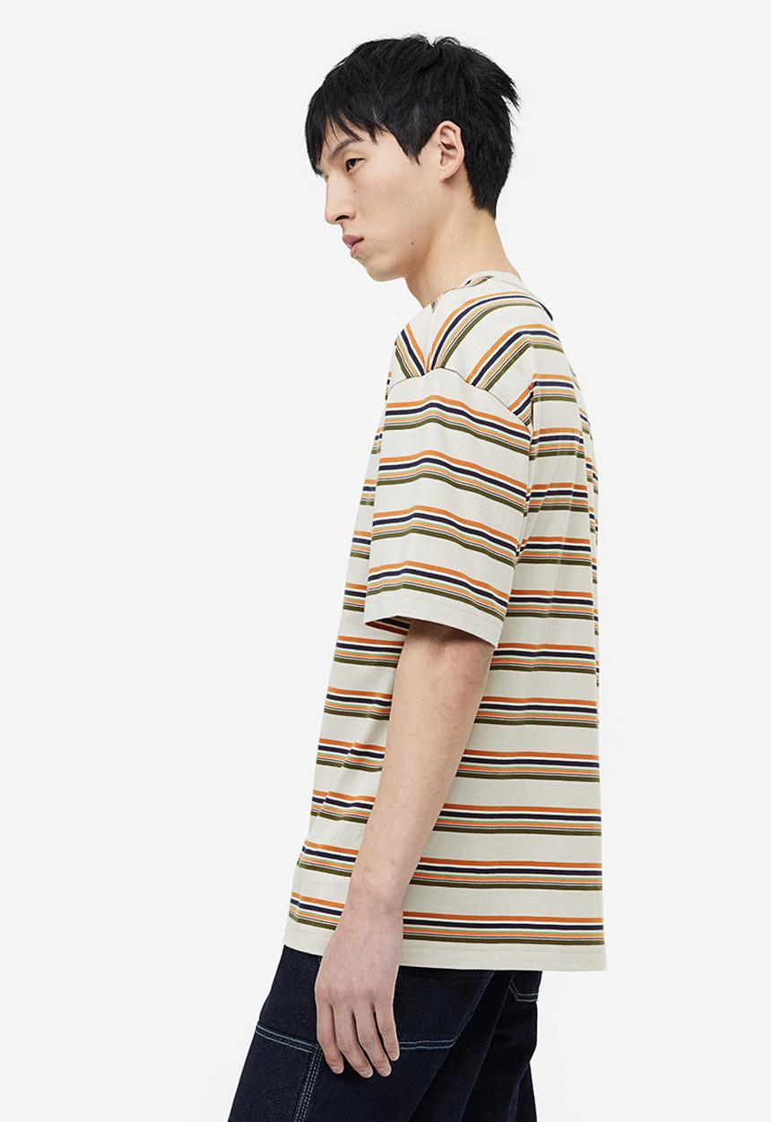 H&M - Relaxed fit cotton T-shirt - light grey & orange striped