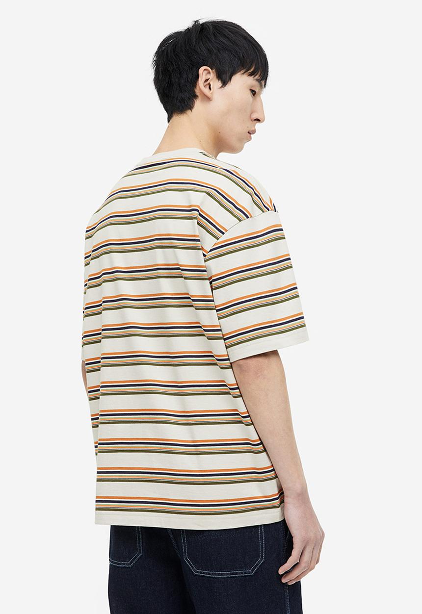 H&M - Relaxed fit cotton T-shirt - light grey & orange striped
