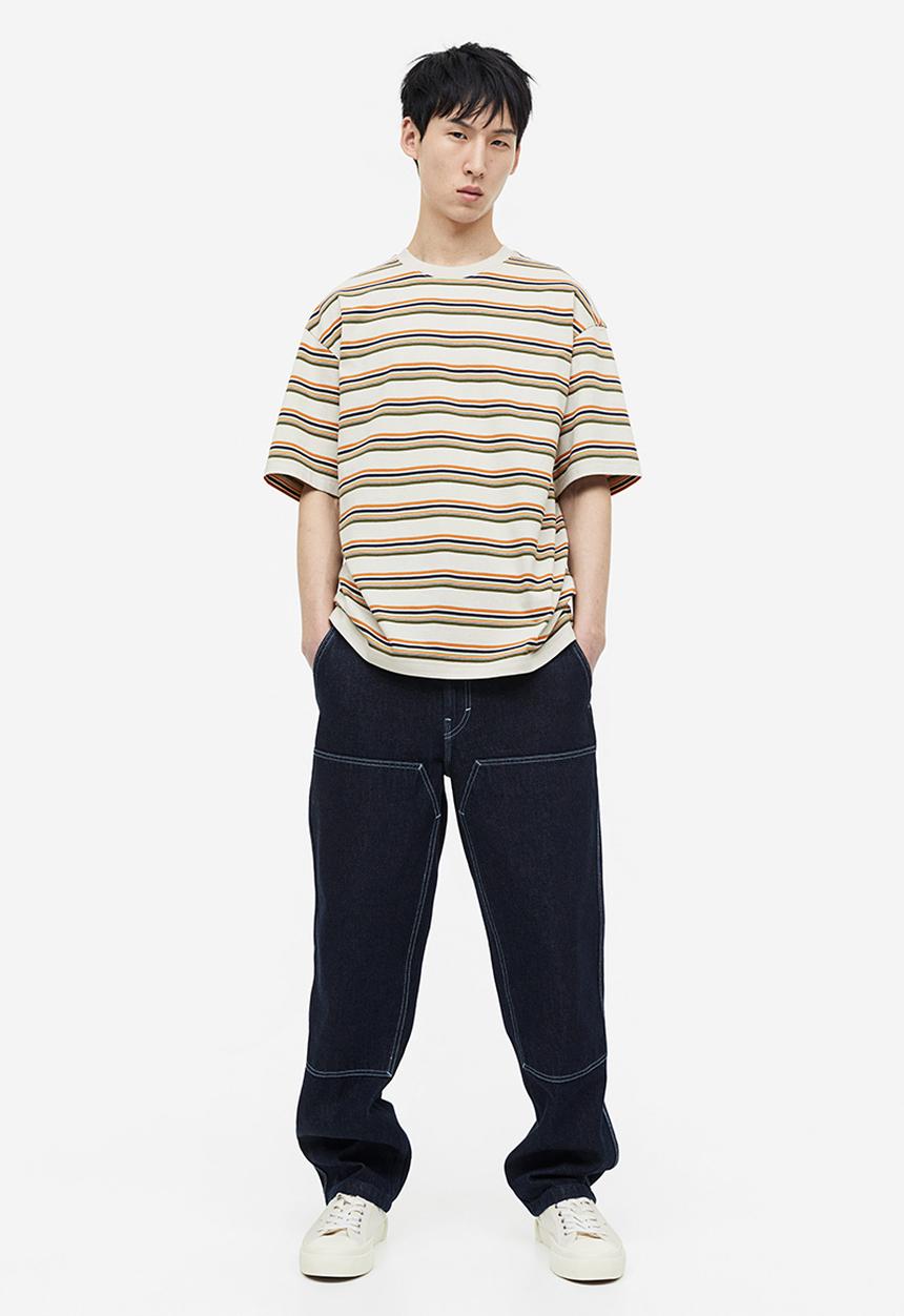 H&M - Relaxed fit cotton T-shirt - light grey & orange striped
