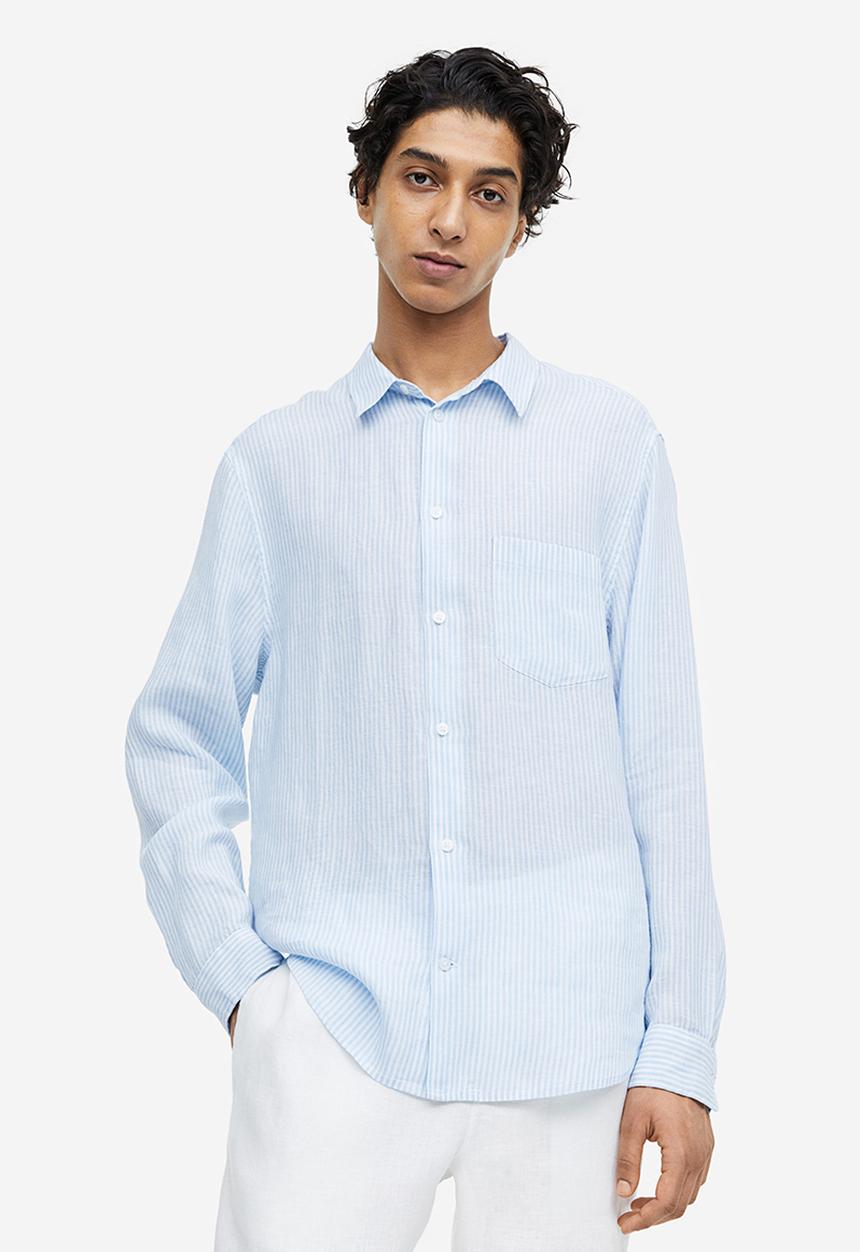 H&M - Regular fit linen shirt - light blue & white striped