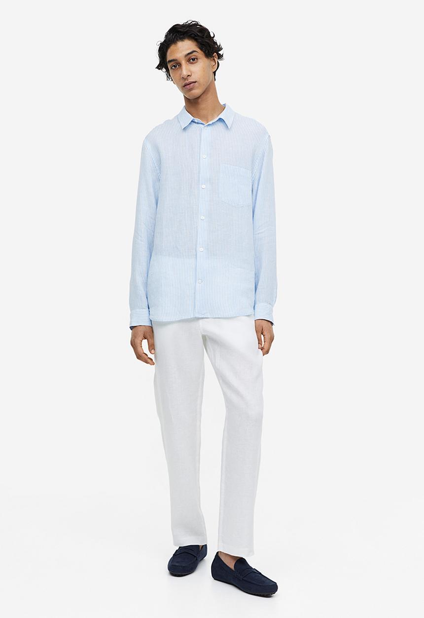 H&M - Regular fit linen shirt - light blue & white striped