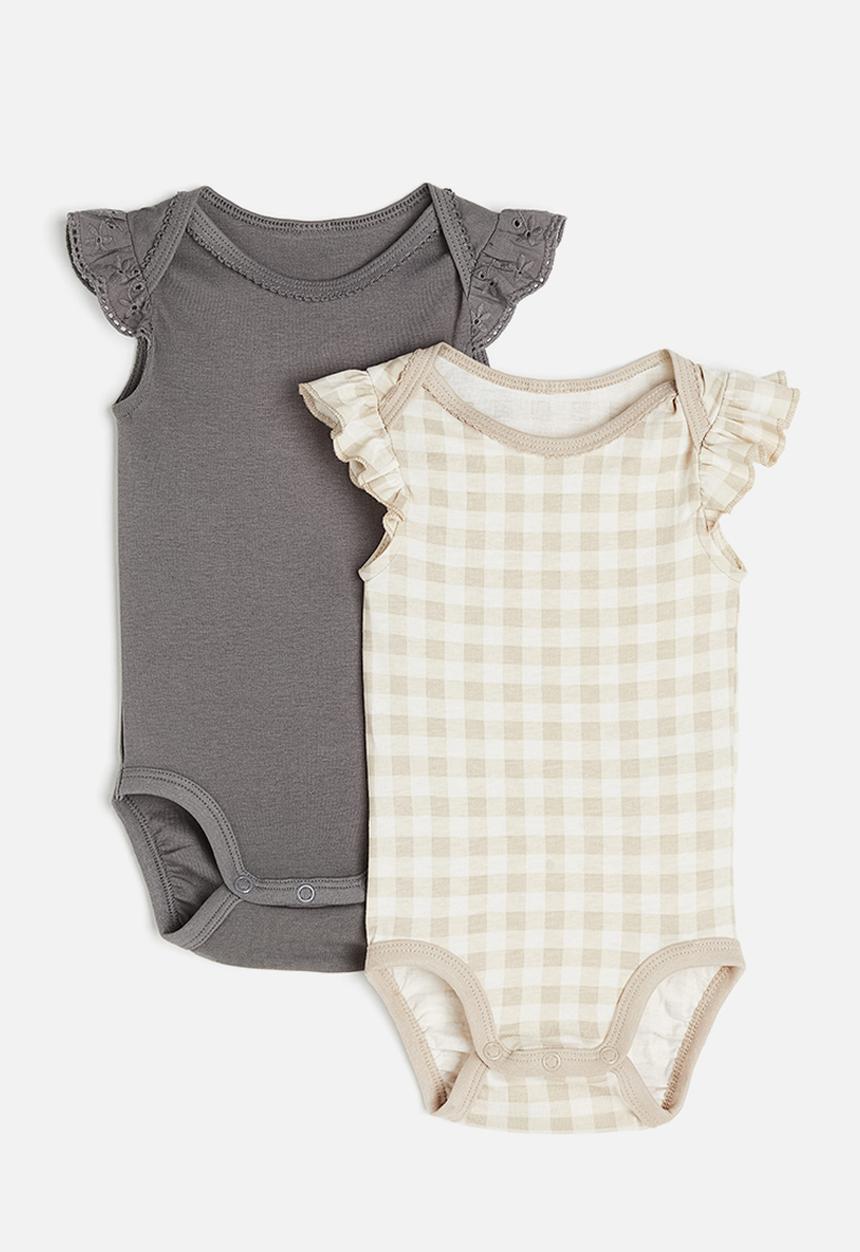 H&M - 2-Pack picot-trim bodysuits - light beige checked 