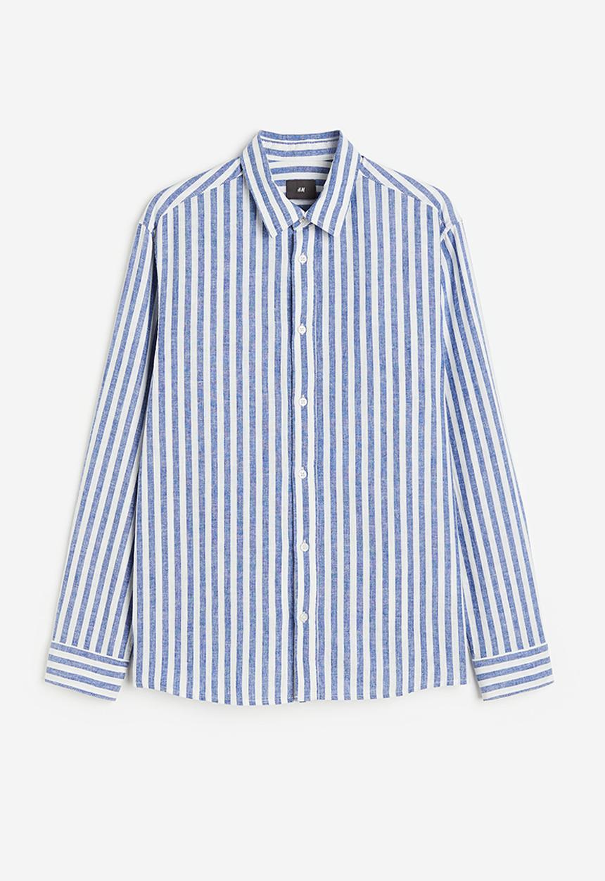 H&M - Regular fit linen blend shirt - blue & white striped