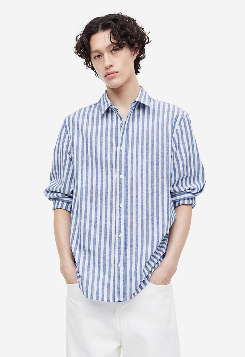 H&M - Regular fit linen blend shirt - blue & white striped