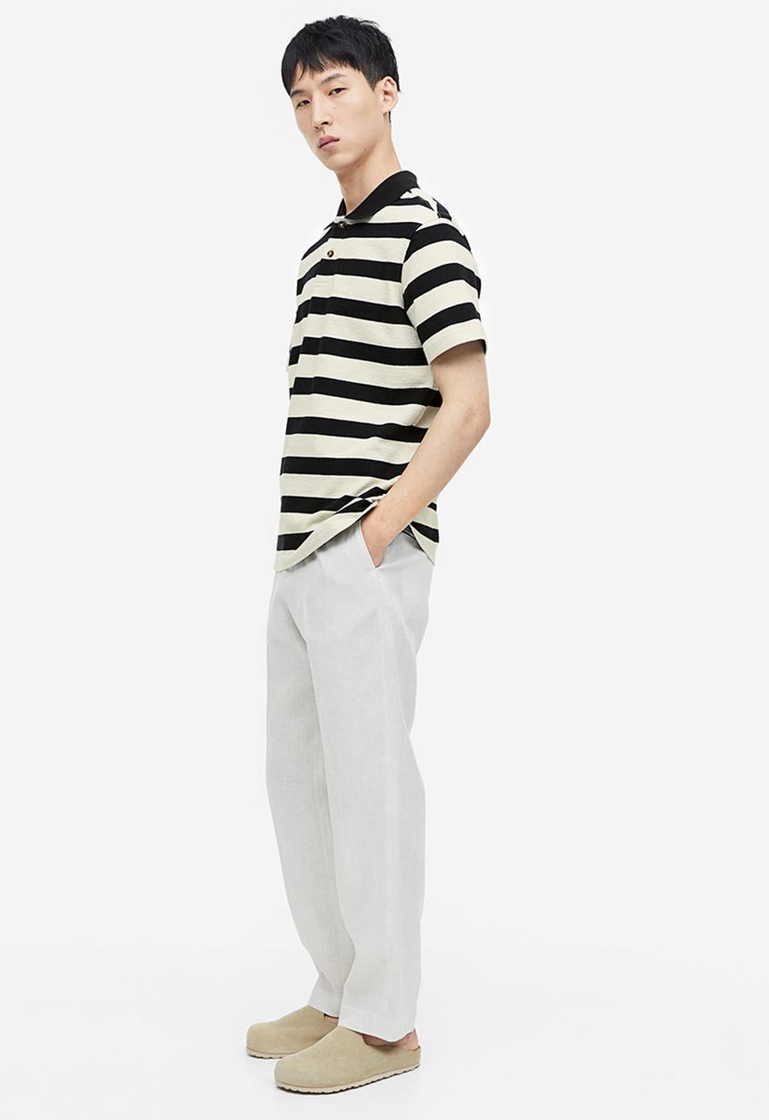 H&M - Relaxed fit terry polo shirt - black & white striped