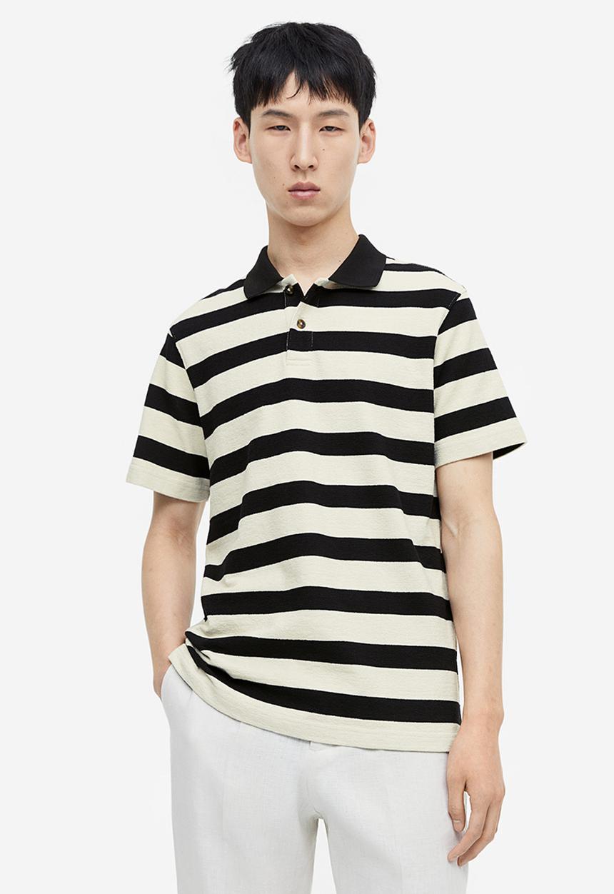 H&M - Relaxed fit terry polo shirt - black & white striped