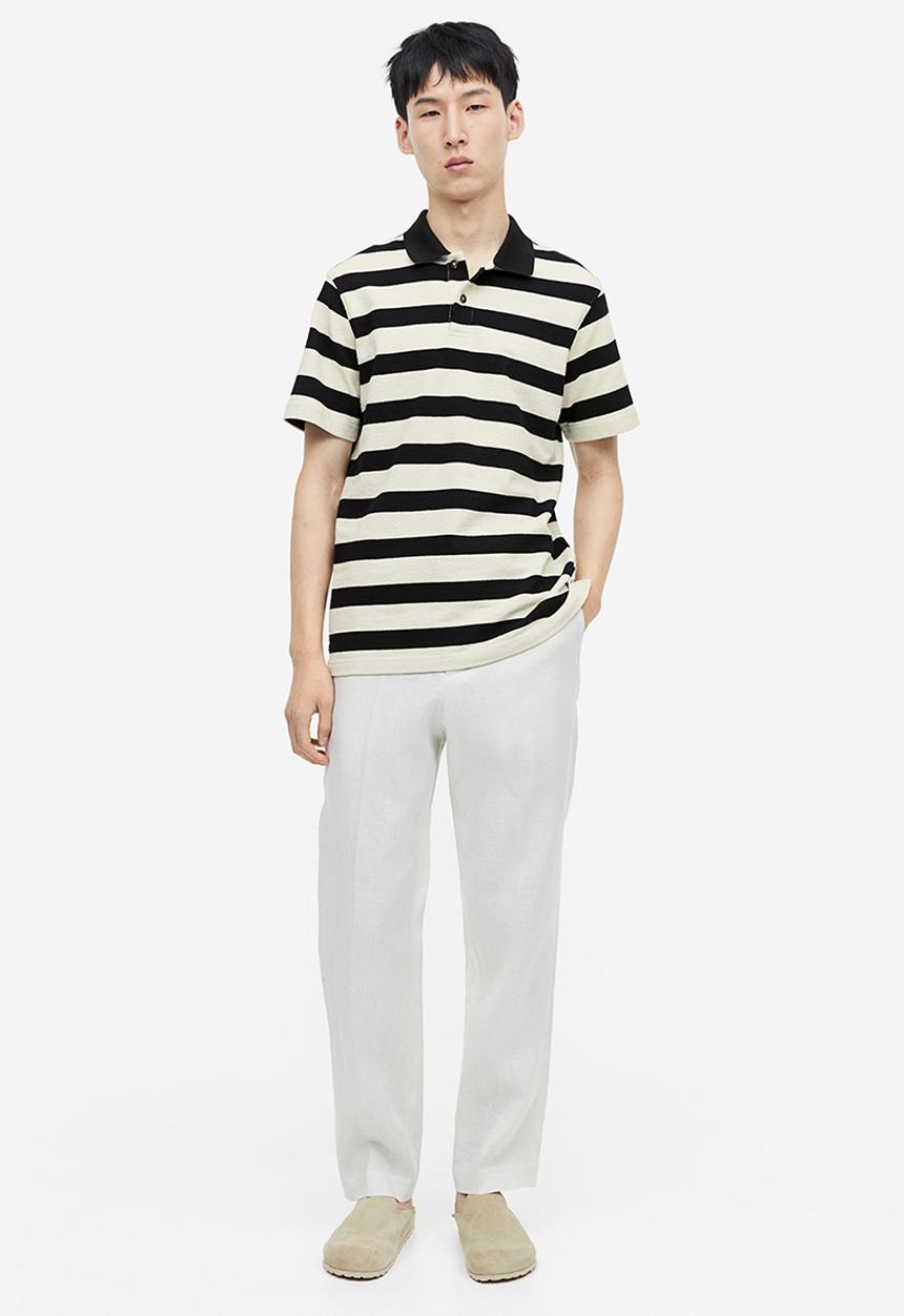 H&M - Relaxed fit terry polo shirt - black & white striped
