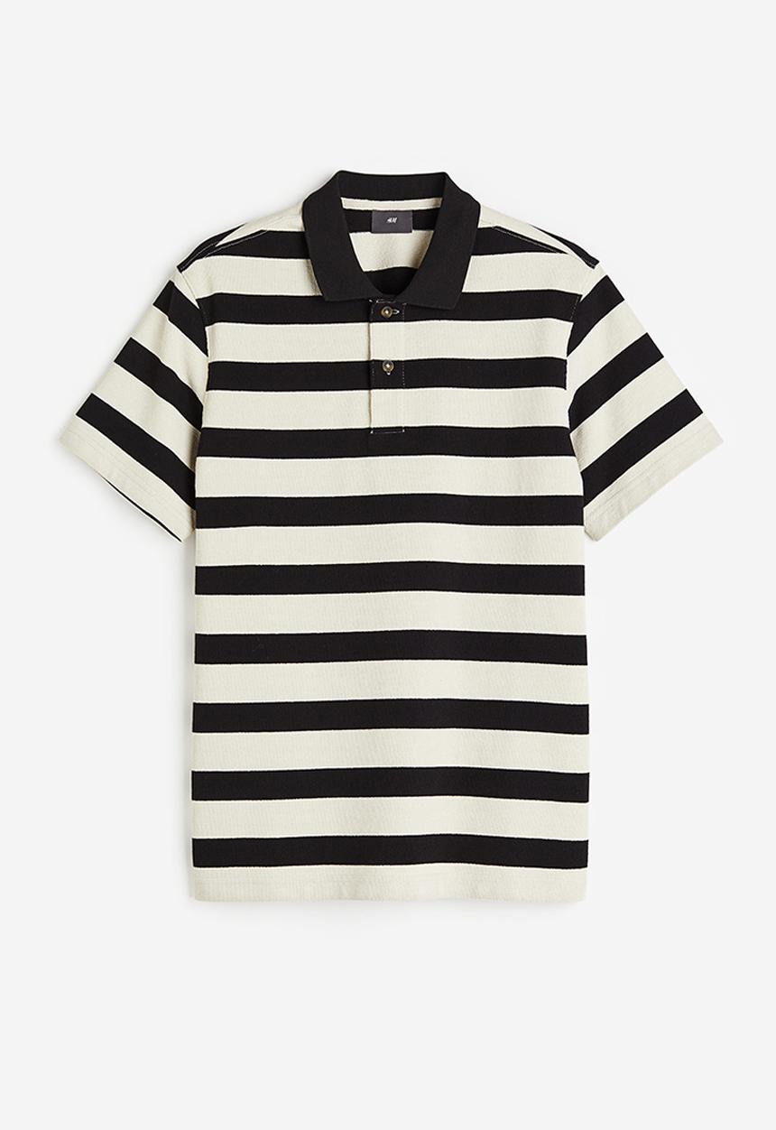 H&M - Relaxed fit terry polo shirt - black & white striped