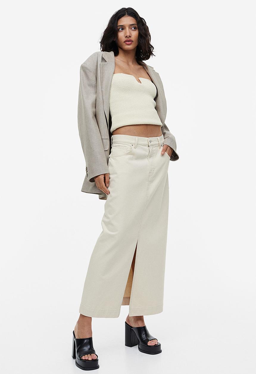 H&M - Slit-hem denim skirt - cream 