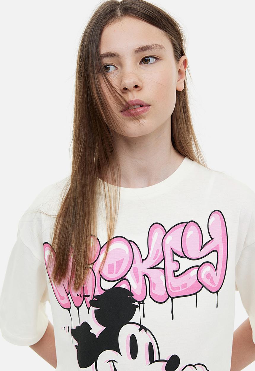 H&M - Printed cotton t-shirt - cream mickey mouse