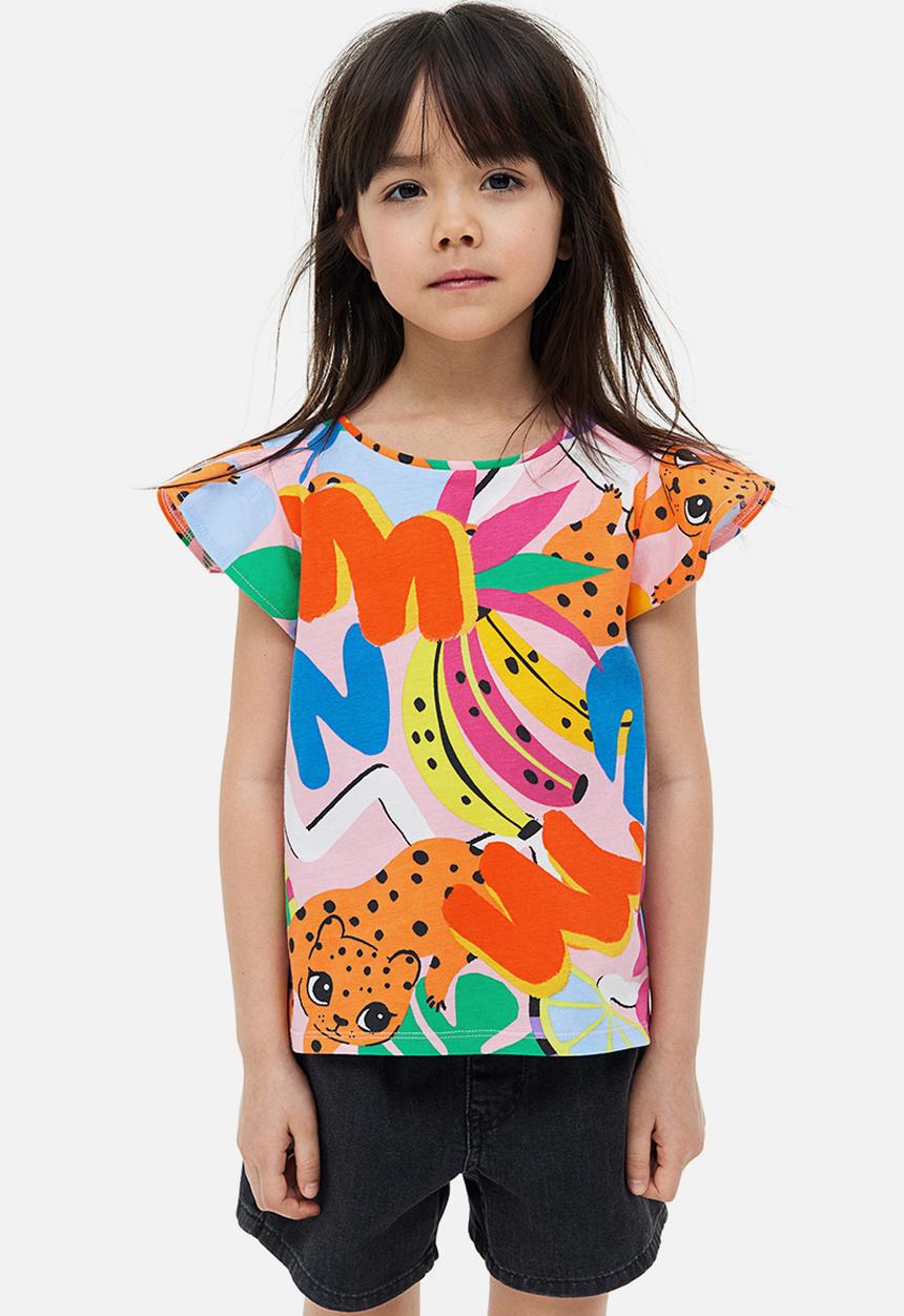 H&M - Flutter-sleeved jersey top - pink/leopard