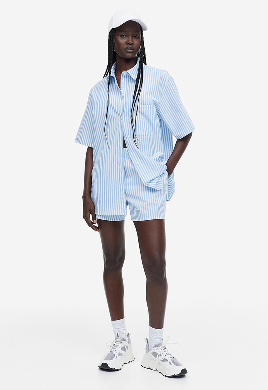H&M - Short-sleeved linen-blend shirt - light blue white striped 