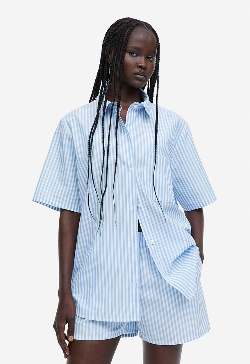 H&M - Short-sleeved linen-blend shirt - light blue white striped 