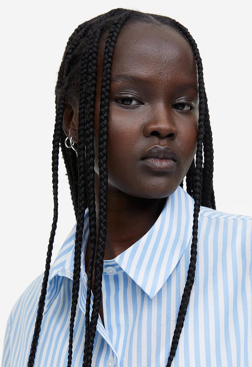 H&M - Short-sleeved linen-blend shirt - light blue white striped 