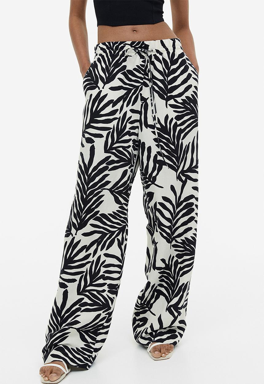 H&M - Linen-blend pull-on trousers - cream leaf-patterned