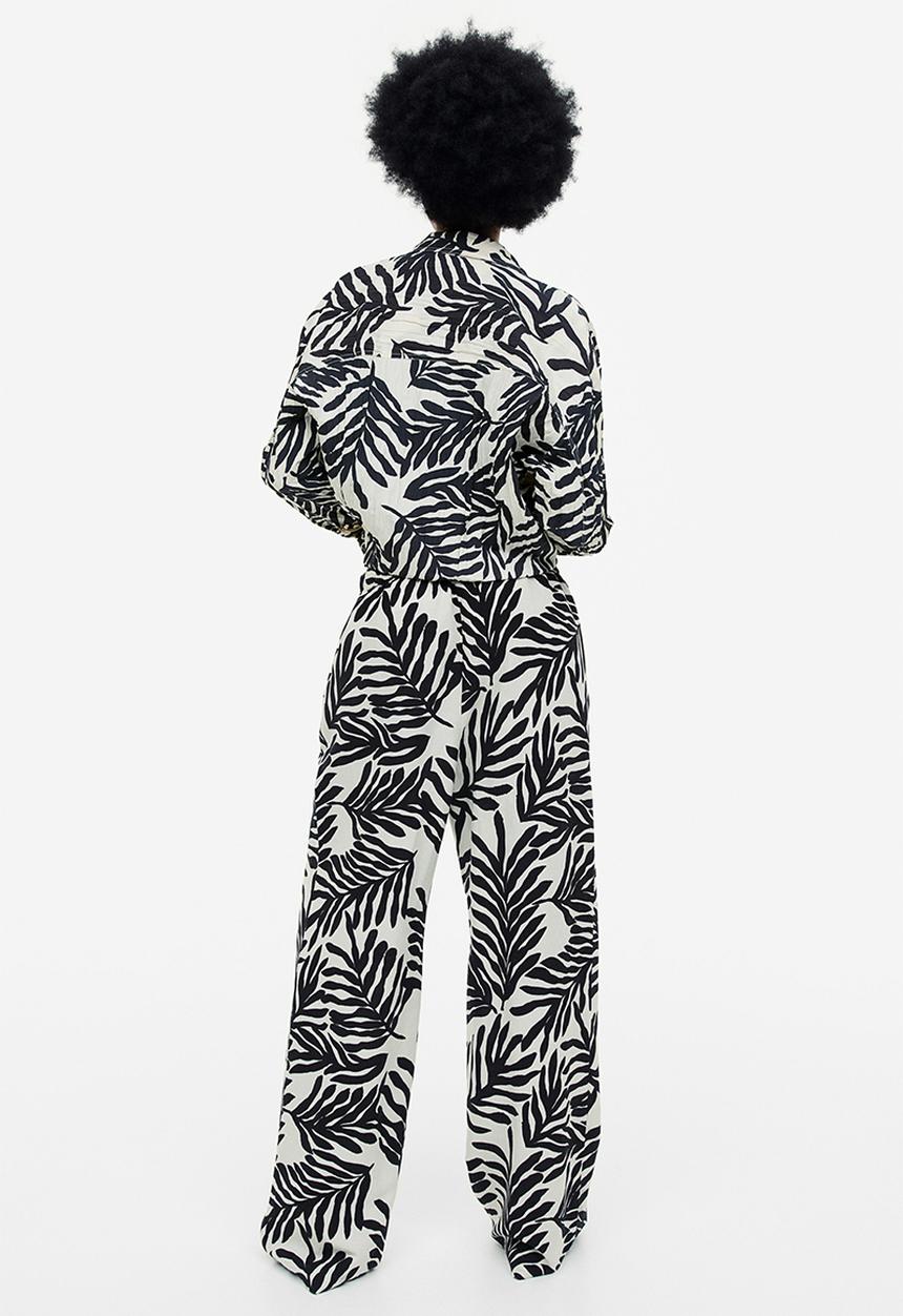 H&M - Linen-blend pull-on trousers - cream leaf-patterned