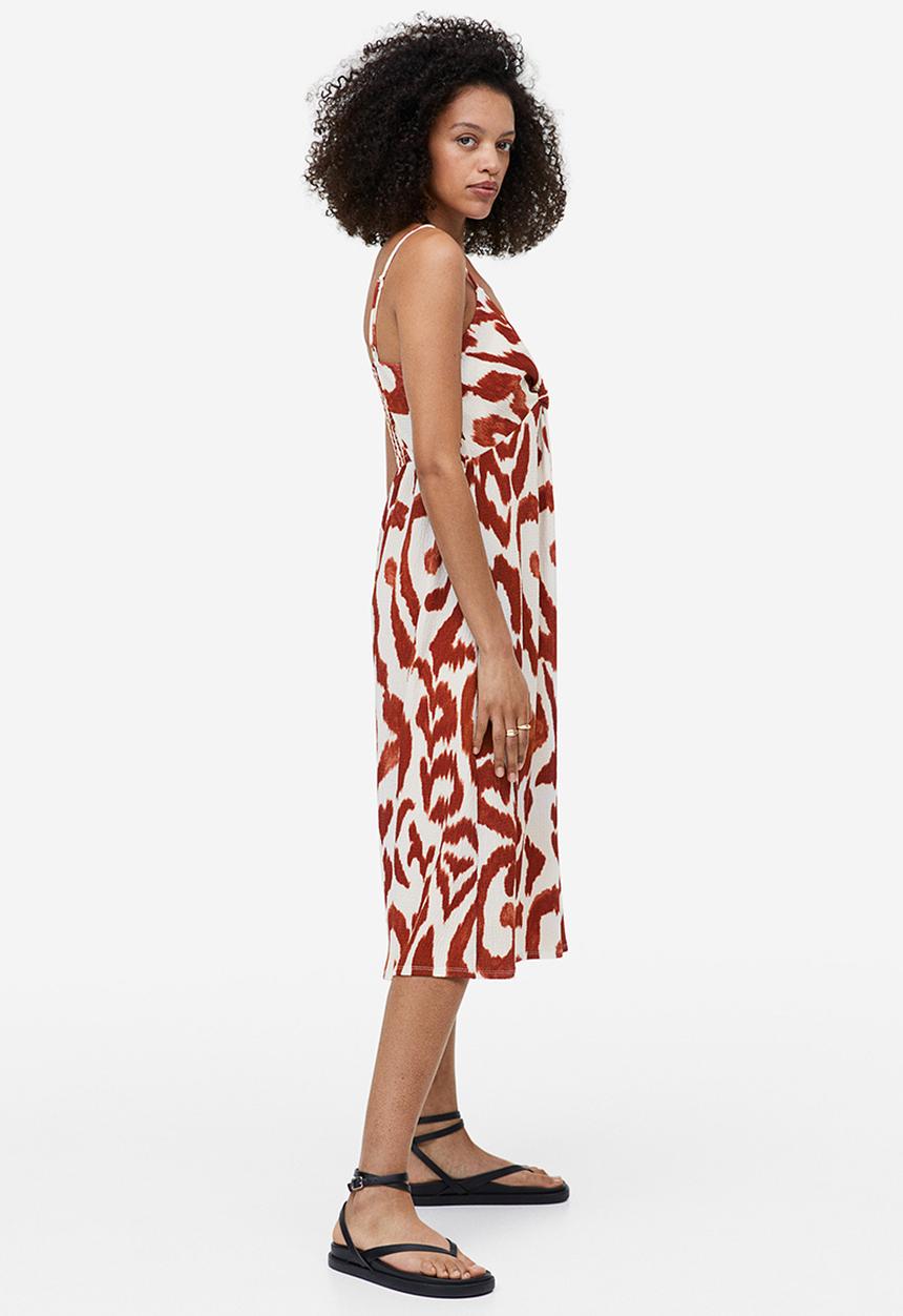 H&M - Twist-detail dress - cream & brown patterned 