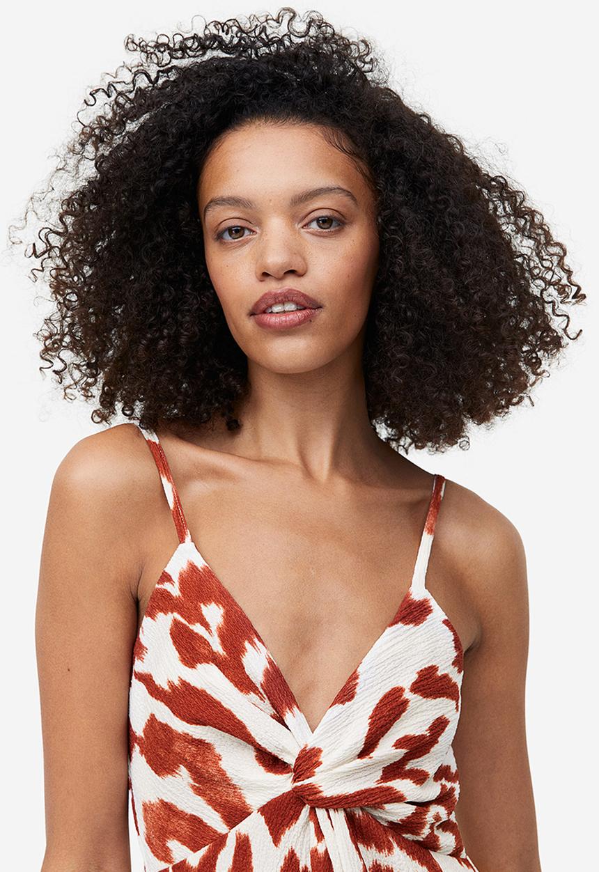 H&M - Twist-detail dress - cream & brown patterned 