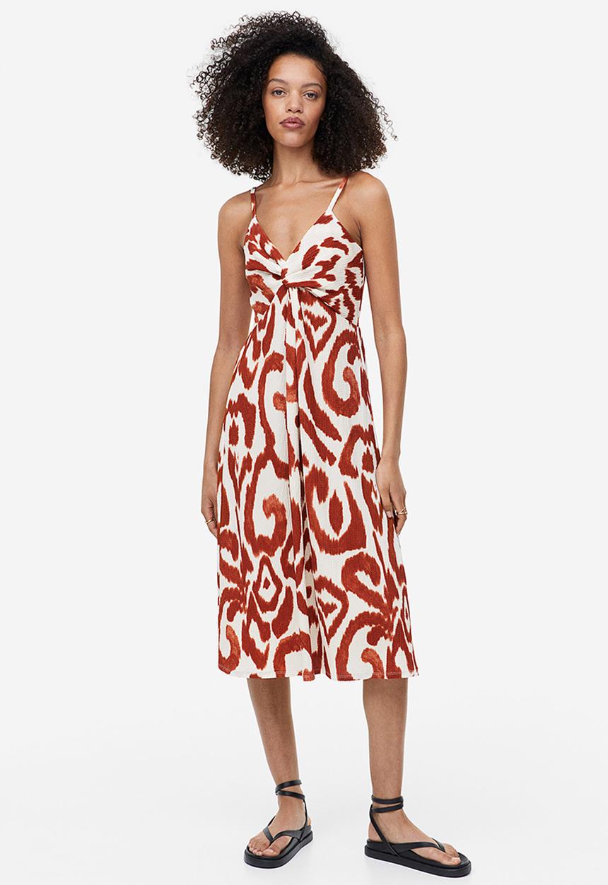 H&M - Twist-detail dress - cream & brown patterned 