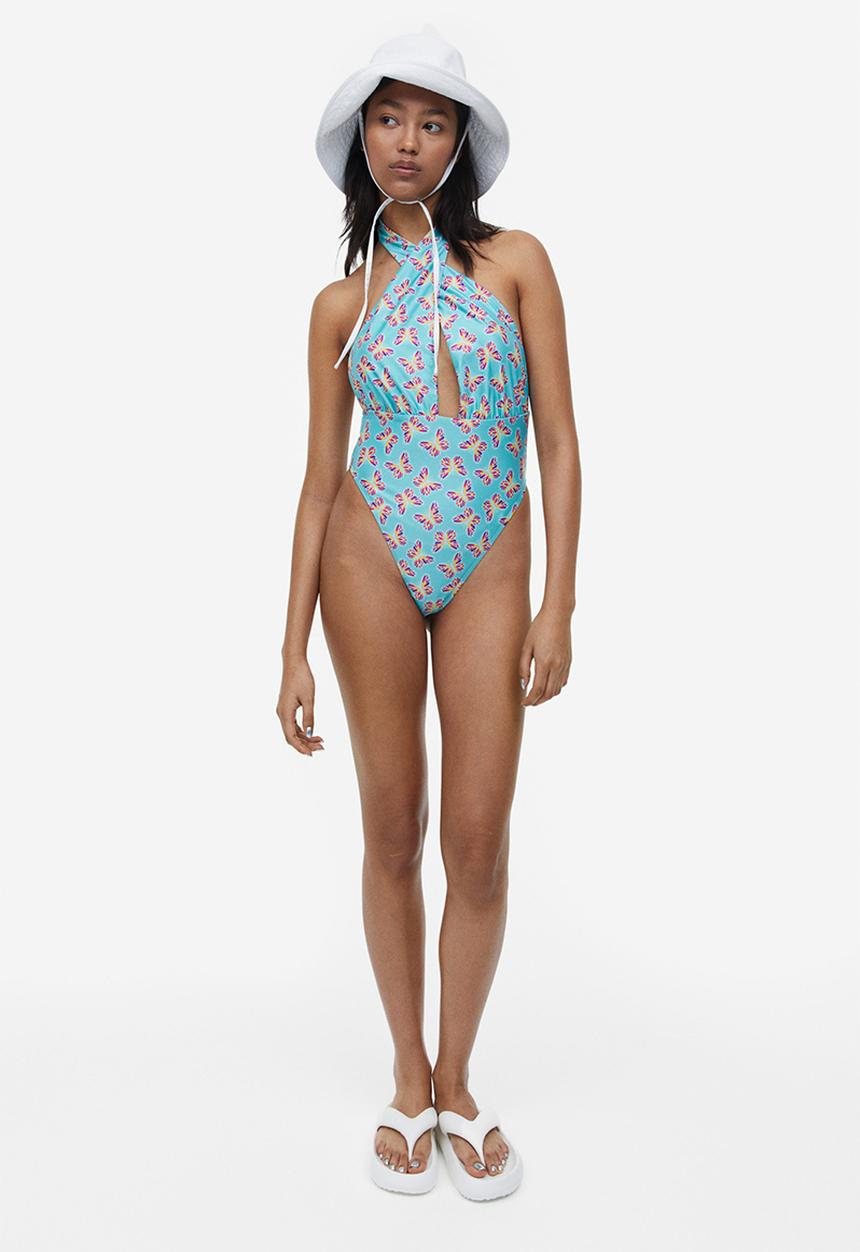 H&M - High-leg halter neck swimsuit - turquoise butterflies