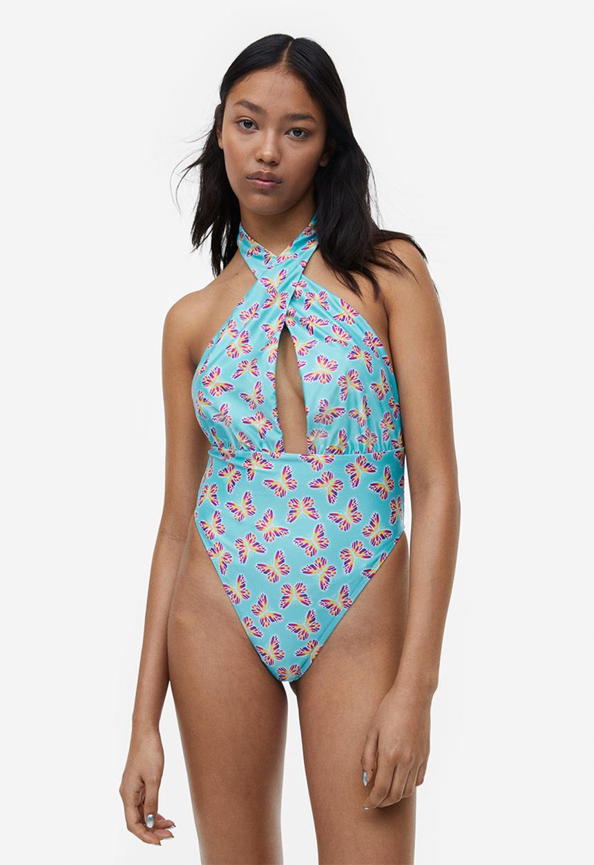 H&M - High-leg halter neck swimsuit - turquoise butterflies