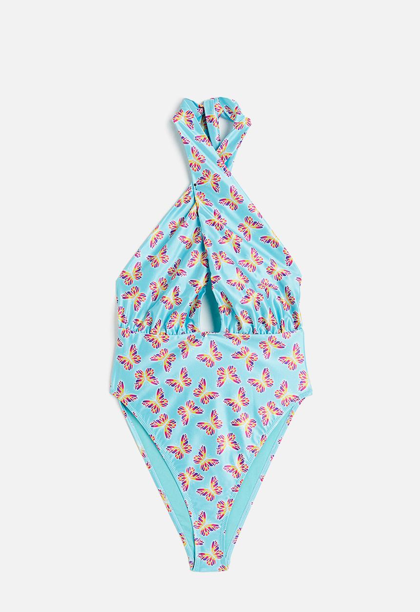 H&M - High-leg halter neck swimsuit - turquoise butterflies