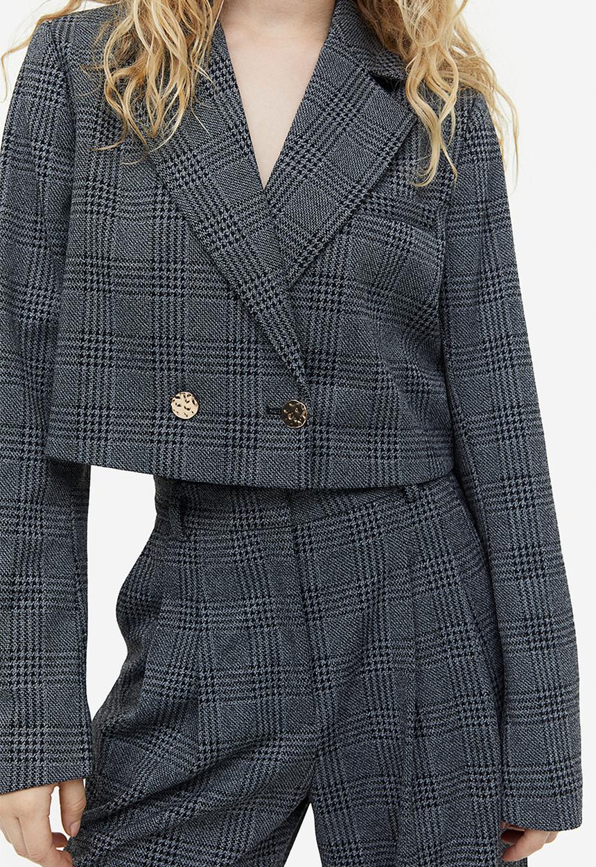 H&M - Cropped blazer - dark grey/checked