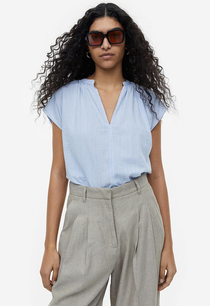 H&M - V-neck blouse - light blue & white striped