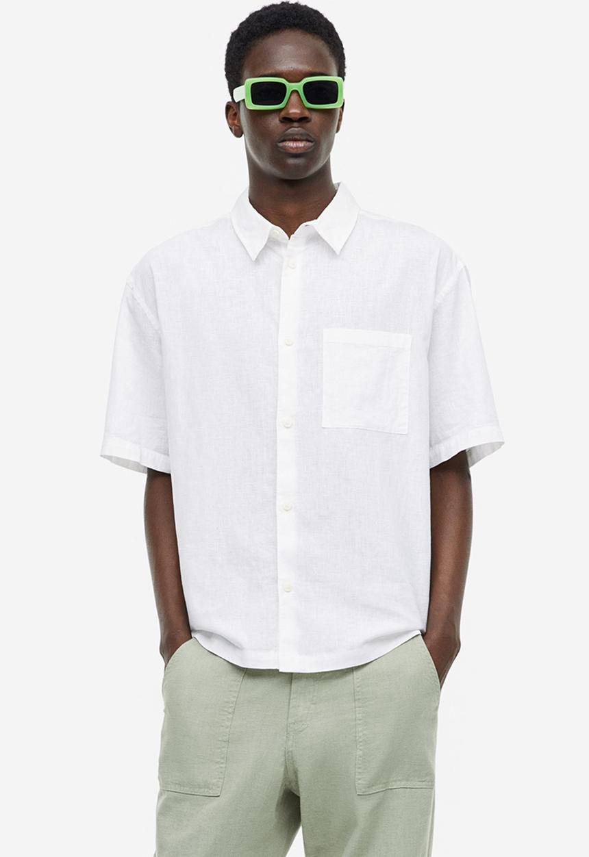 H&M - Relaxed fit short-sleeved linen-blend shirt - white