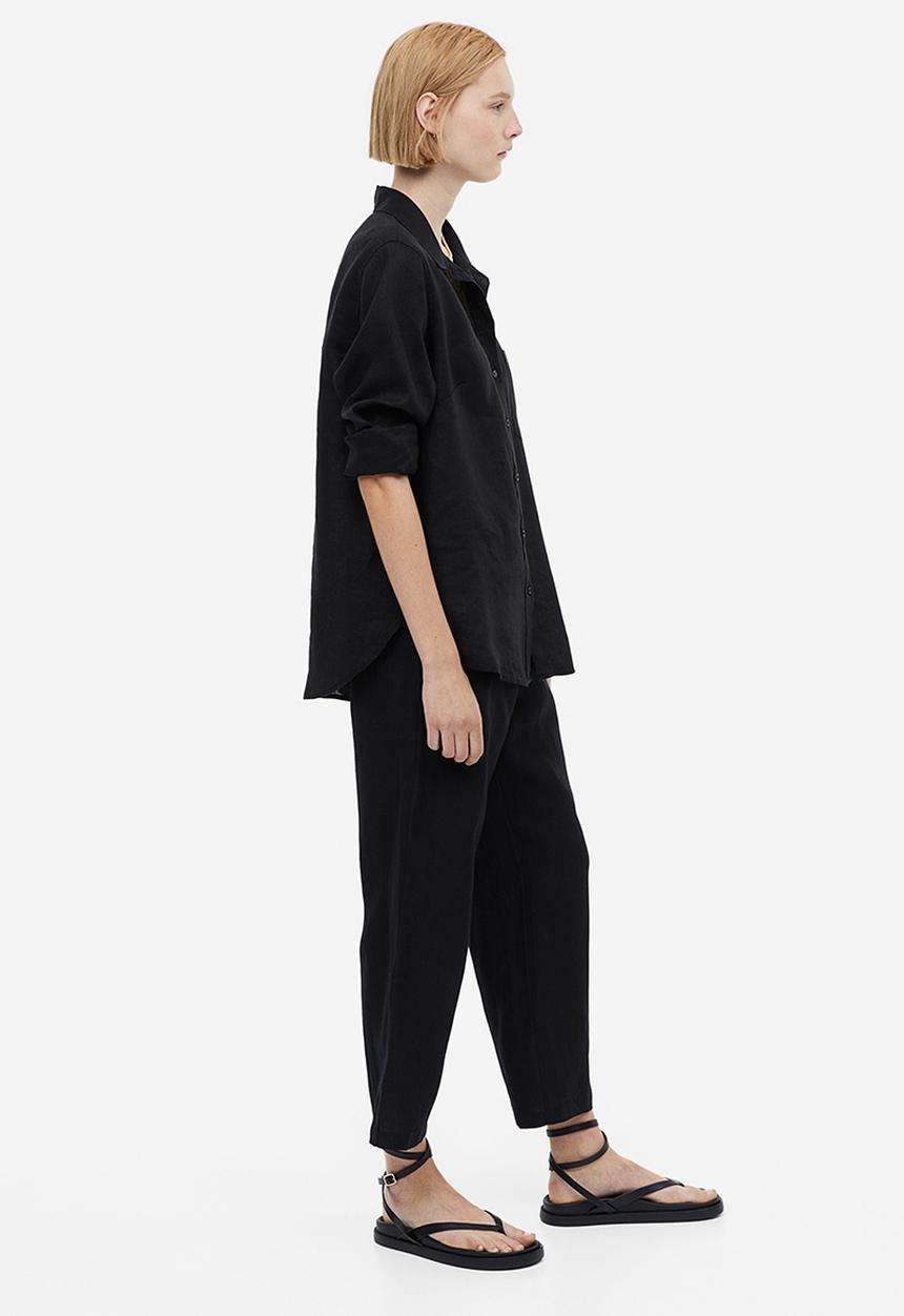 H&M - Linen-blend tapered trousers - black