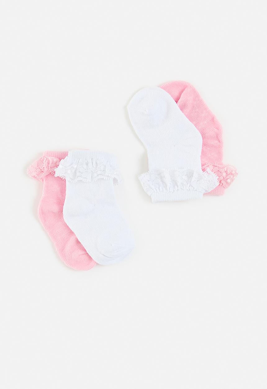 MINOTI - 2 Pack pointelle socks with lace - pink & white 