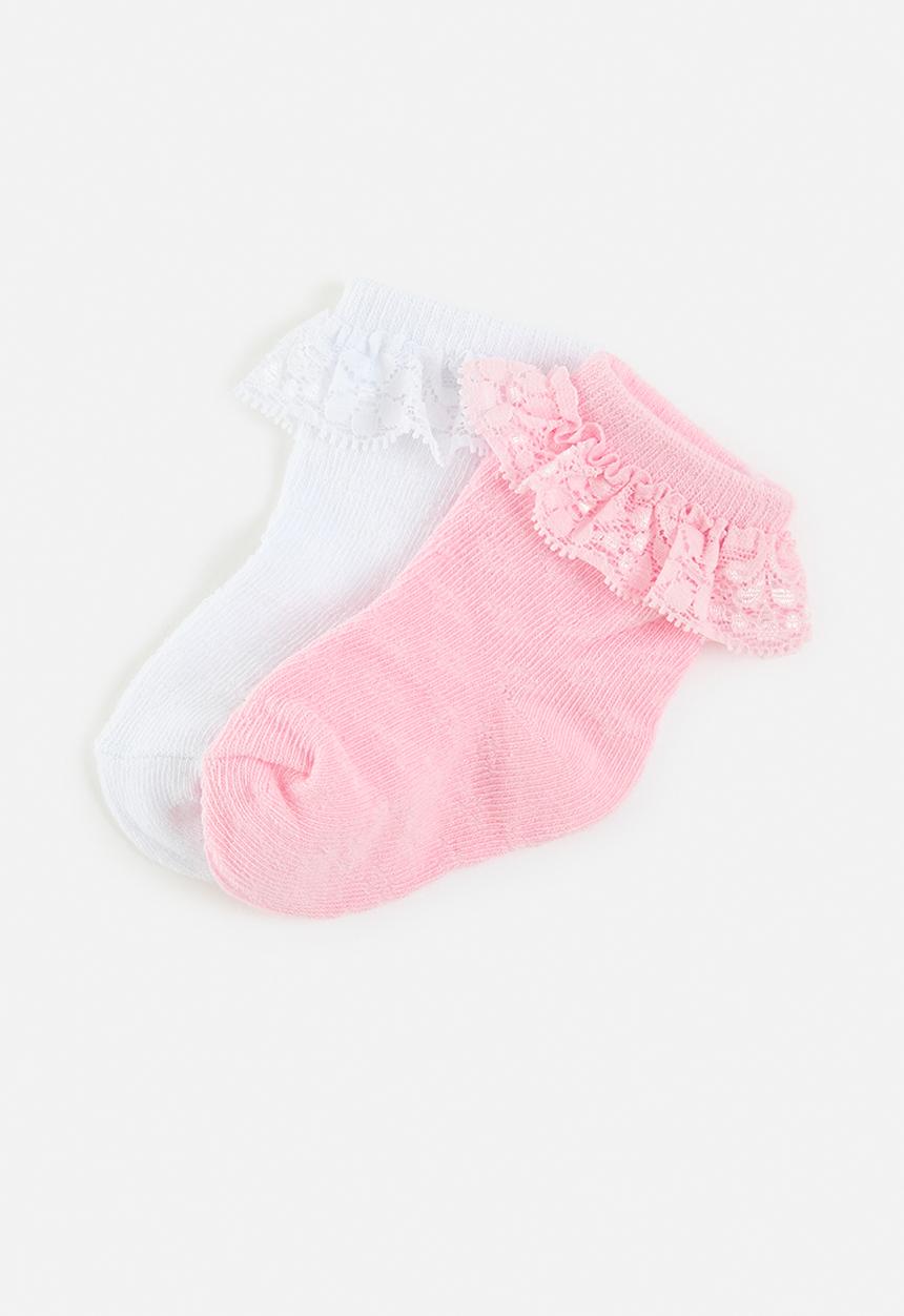 MINOTI - 2 Pack pointelle socks with lace - pink & white 