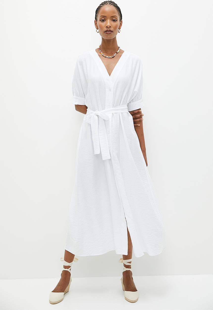 edit - Button thru shirt dress with belt - white