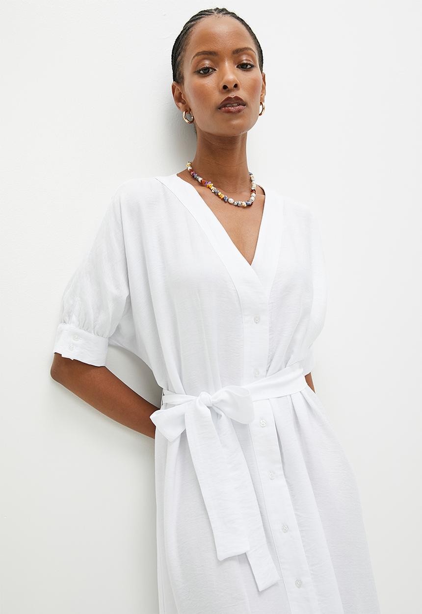 edit - Button thru shirt dress with belt - white